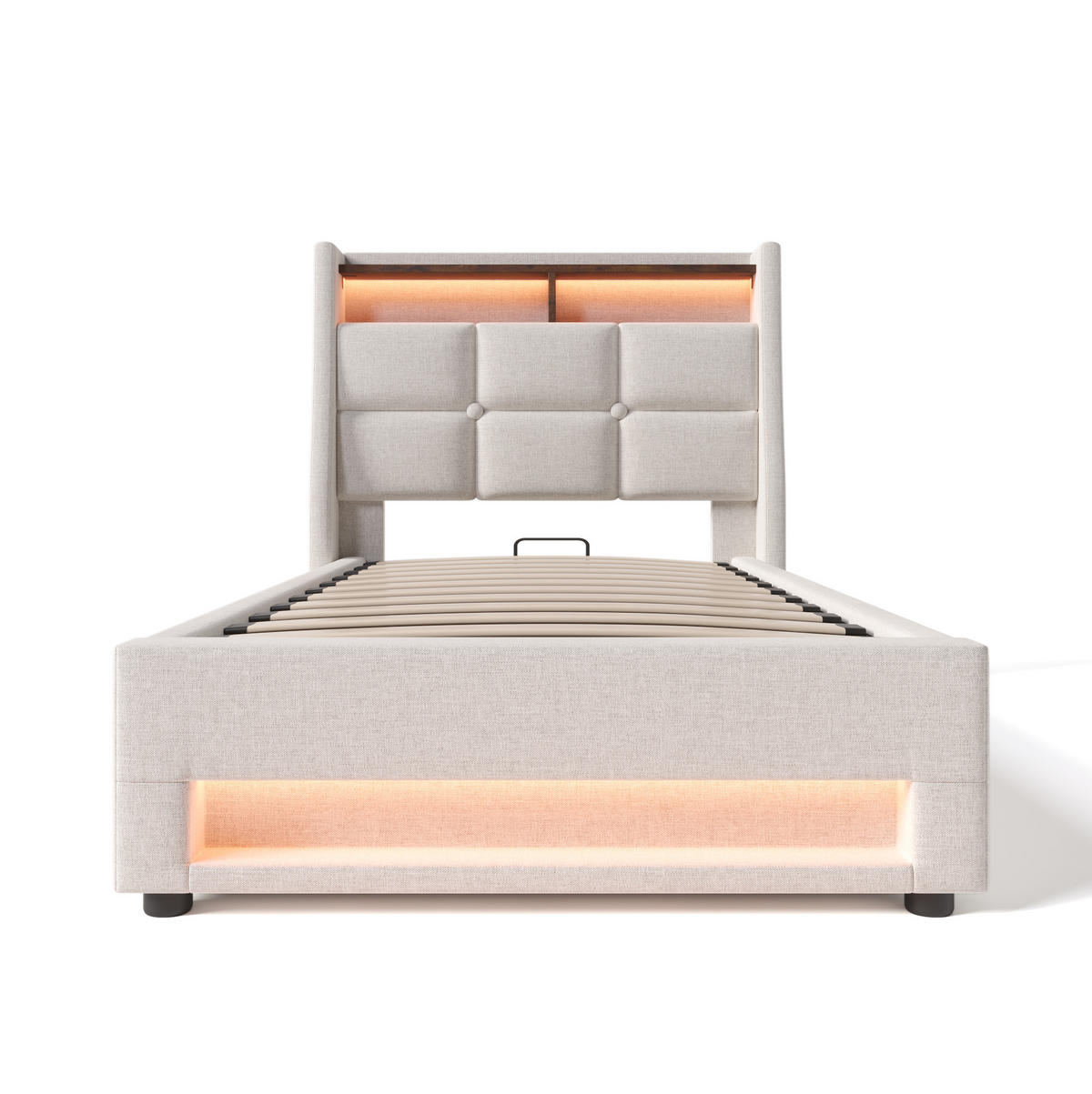 POLSTERBETT aus Leinen 90x200 cm in Beige mit LED & USB - Beige, Textil (90/200cm) - Modfu