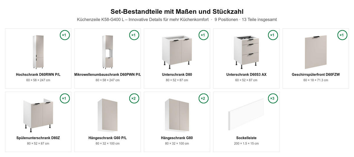 KÜCHENZEILE Sorento Weiß & Beige – 400 cm – K58-G400 L - Beige/Schwarz, Holzwerkstoff/Metall (400/247/58cm) - ROYAL24_MARKT