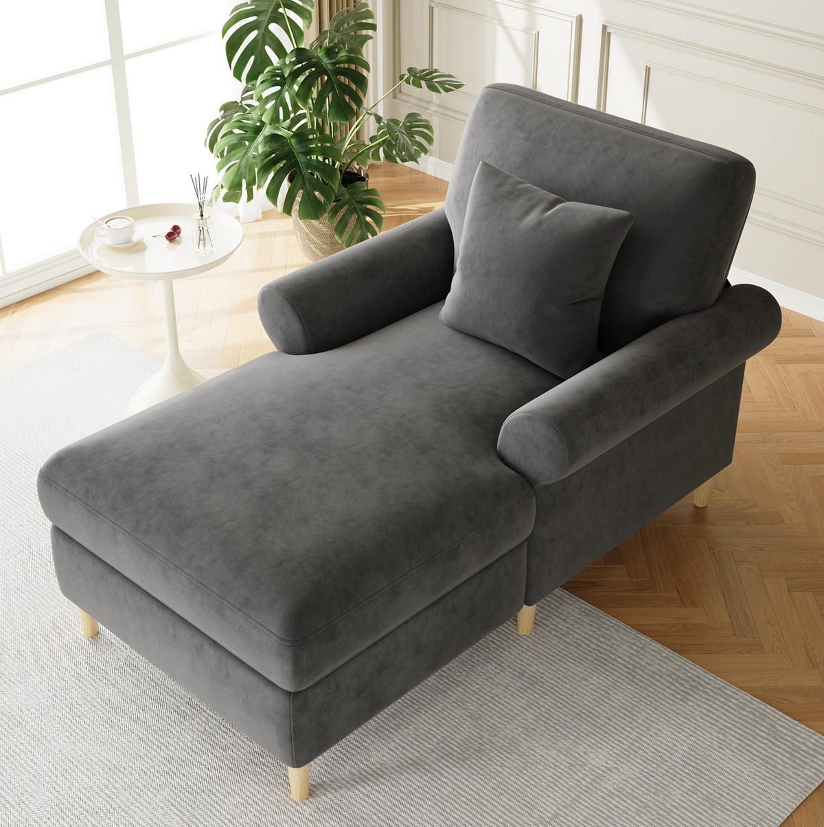 RELAXAČNÍ křeslo 133/87/90 cm šedé ze sametu s polohou vleže a polštářem - šedá, textil (87/90/133cm) - OKWISH