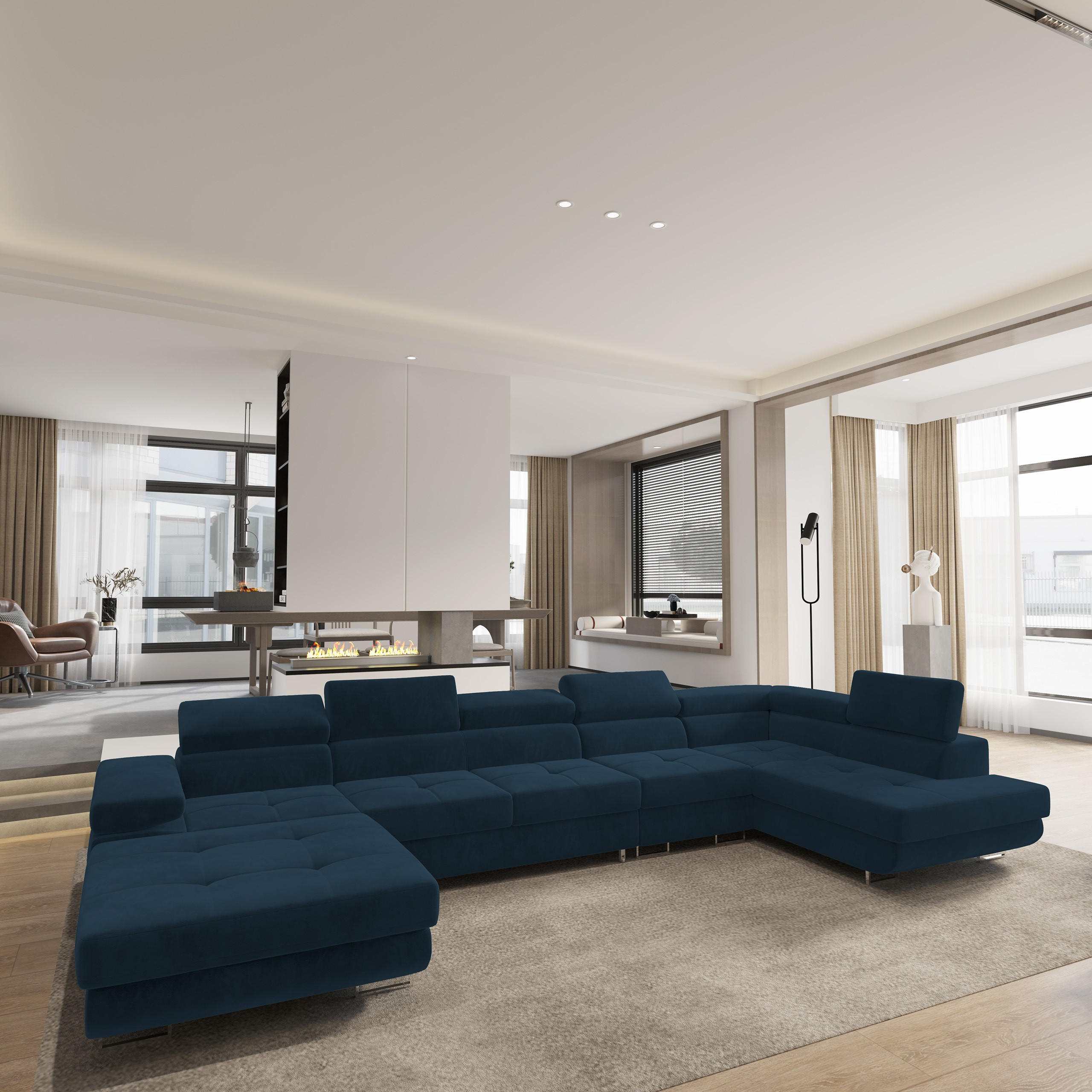 WOHNLANDSCHAFT VELORA R-S Blau Velours-Stoff mit Schlaffunktion - Blau, Holz (419/90/202cm) - MASSENO