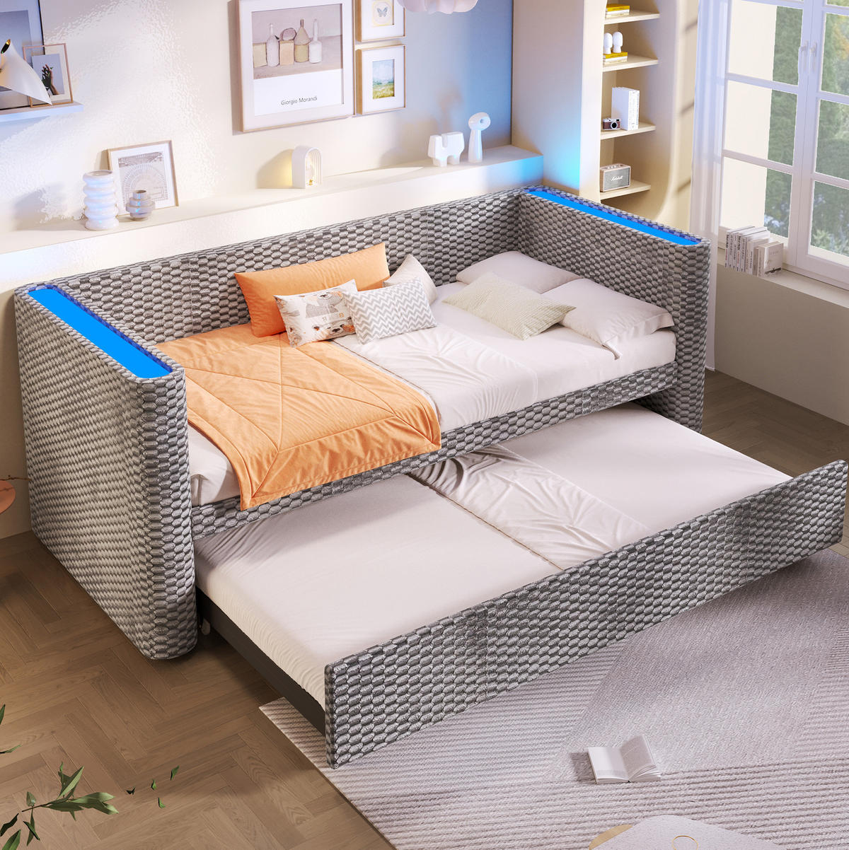 BETT 90/200 cm ausziehbar auf 180/200 cm in Grau – inkl. Lattenrost - Grau, Textil (90/200cm) - BEAOK
