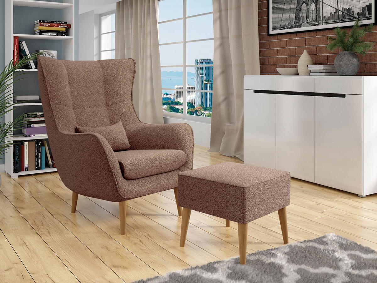 SESSEL Estjano Boucle mit Fußbank - Beige/Braun, Holz/Textil (80/106/95cm) - MIRJAN24