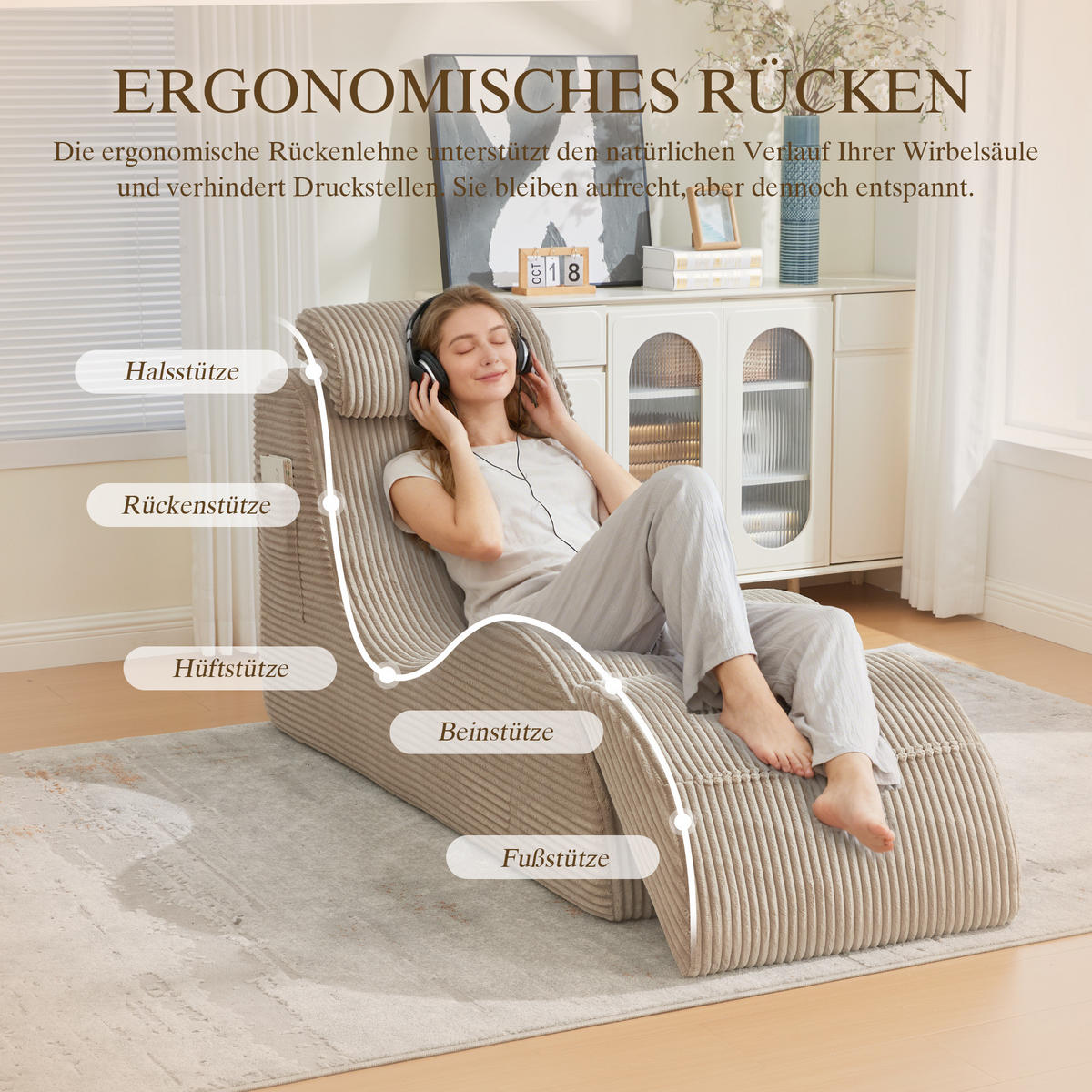 CHAISELONGUE Khaki 160/66/90 cm - Sandfarben, Textil (160/90/66cm)