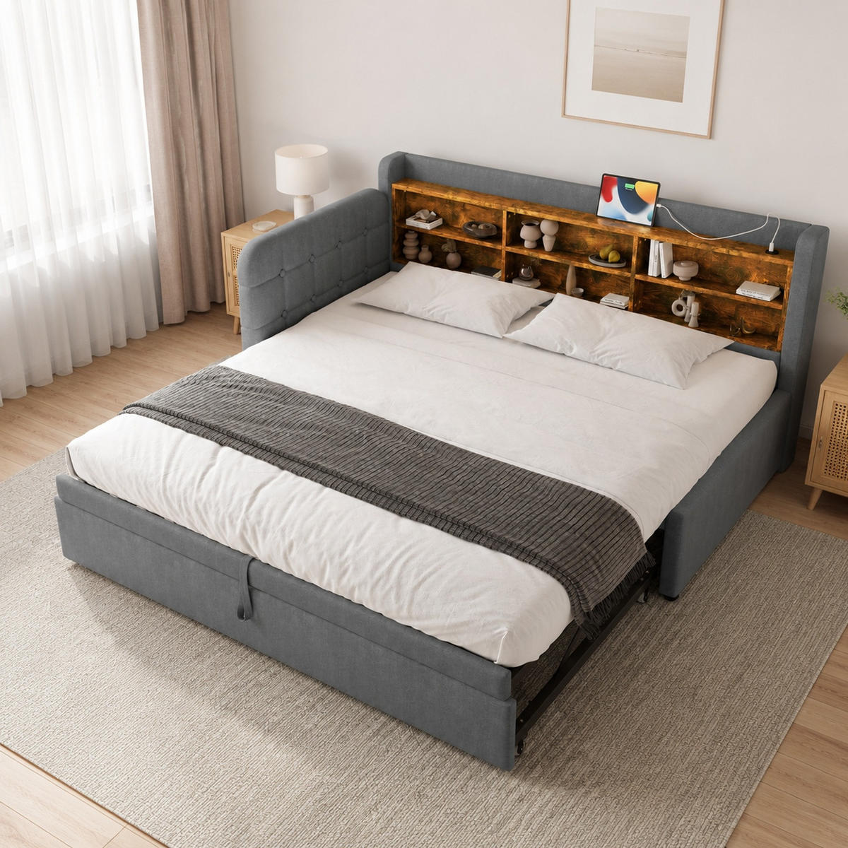 POLSTERBETT 90/200 mit Ausziehbett, USB-C und Ablageflächen in Grau - Grau, Holzwerkstoff/Textil (90/200cm) - EVRYAE