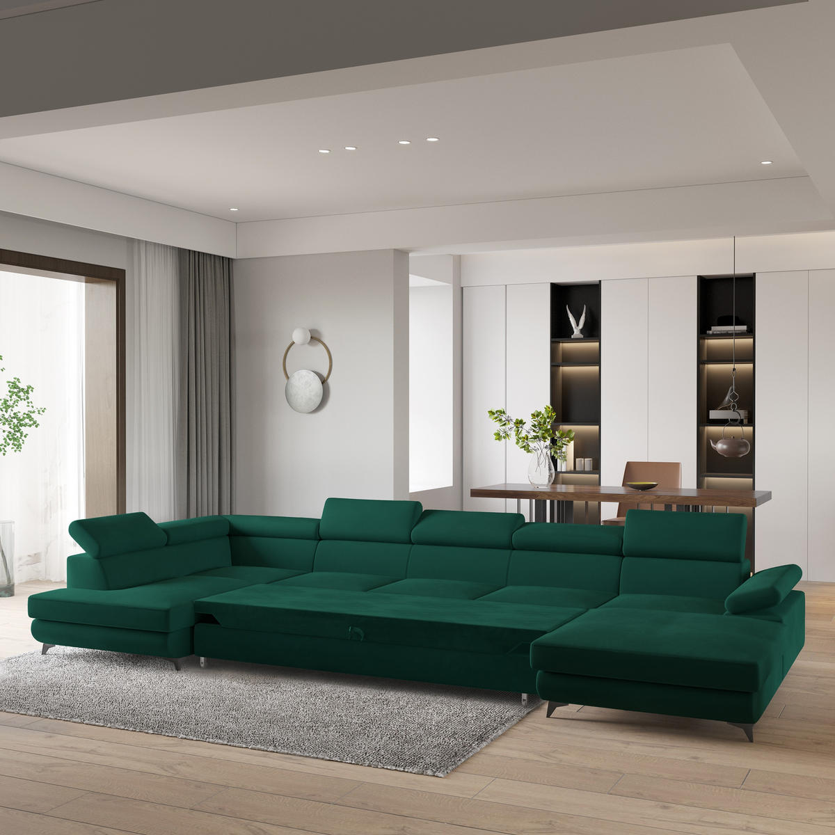 WOHNLANDSCHAFT MONTIVA Grün Velours-Stoff mit Schlaffunktion - Grün, Holz (410/89/190cm) - MASSENO