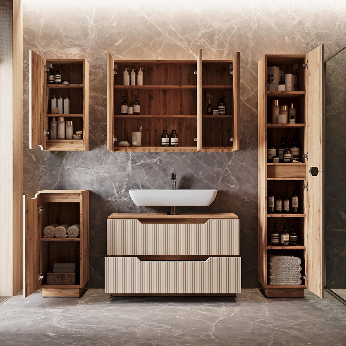 BADMÖBEL-SET Lotta Eiche/Kaschmir gestreift 3 Teile - Kaschmir/Eichefarben, Holzwerkstoff (99.4/62.5/32cm) - Vicco