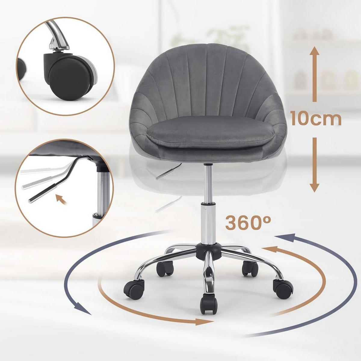DREHSTUHL ergonomisch, Schminkstuhl, Samt, Dunkelgrau - Dunkelgrau/Schwarz, Textil/Metall (52/72/48cm) - Woltu