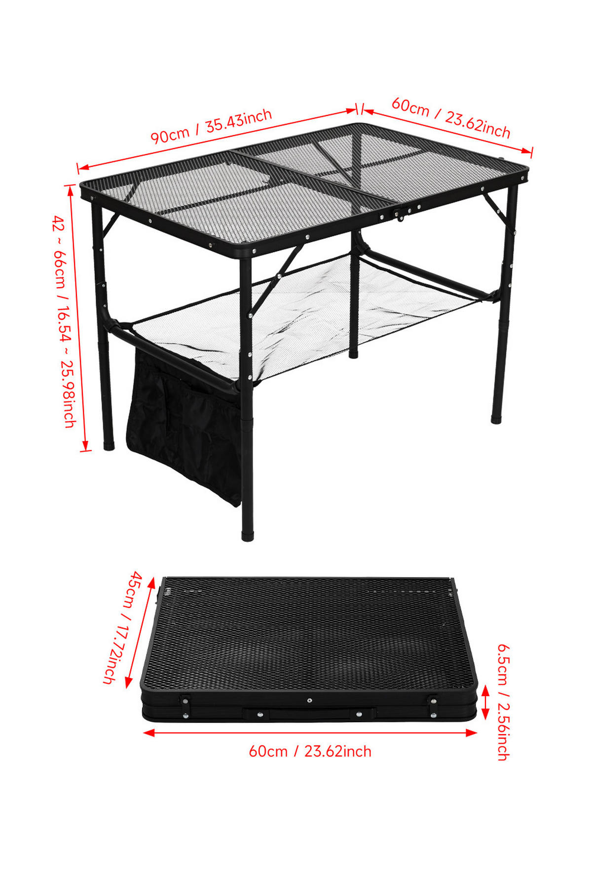 CAMPINGTISCH aus Aluminiumlegierung Eisen in Schwarz klappbarer Rechteckig Gitter-Tischplatte Felsenfeste Stabilität 90 cm B x 60 cm T x 42/66 cm H - Schwarz, Metall (60/90/42cm) - Livingandhome