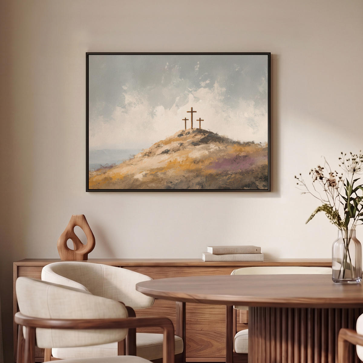LEINWAND Bilder mit Rahmen - Hügel - Abstrakt - Christentum - Kreuz - 80x60 - Hellgrau, Textil (80/60cm) - MuchoWow