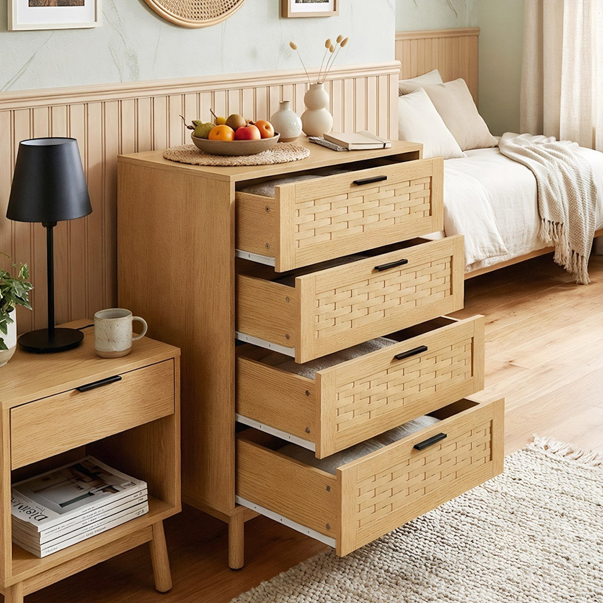 KOMMODE Japandi mit 4 Schubladen in Rattan-Optik 55/40/95 cm Eiche-Dekor - Eichefarben, Holzwerkstoff (55/95/39.8cm) - Creahappy