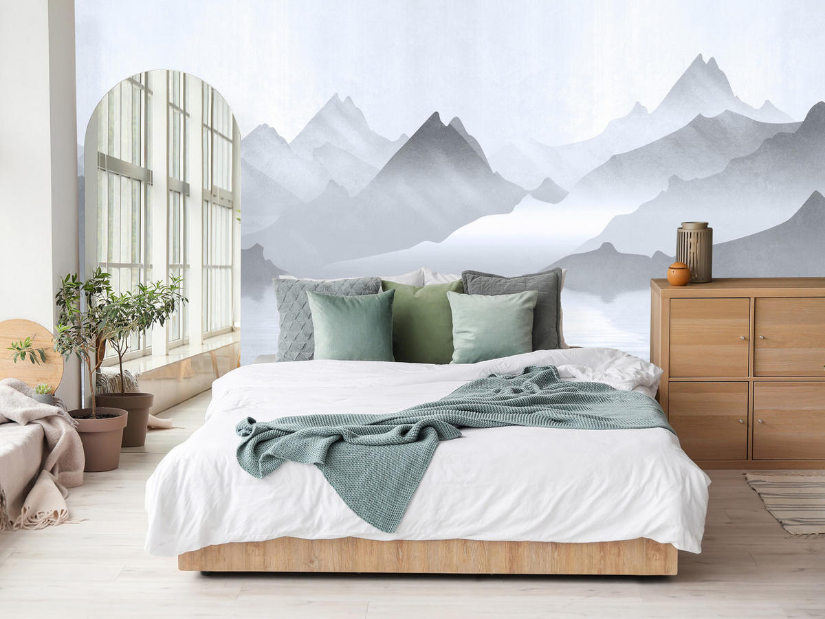 FOTOTAPETE für Wohnzimmer Aquarell Graue Berge See 400x280 - Weiß/Grau, Papier (400/280cm) - Muralo