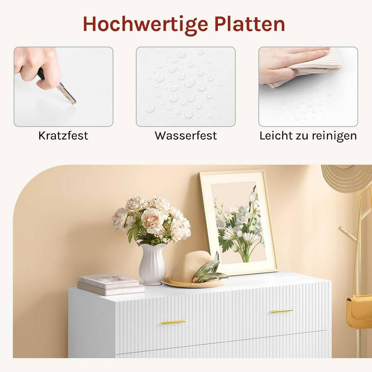 KOMMODE mit 6 Schubladen, 100x75x40 cm, Weiß Gold - Goldfarben/Weiß, Holzwerkstoff (100/75/40cm) - Woltu