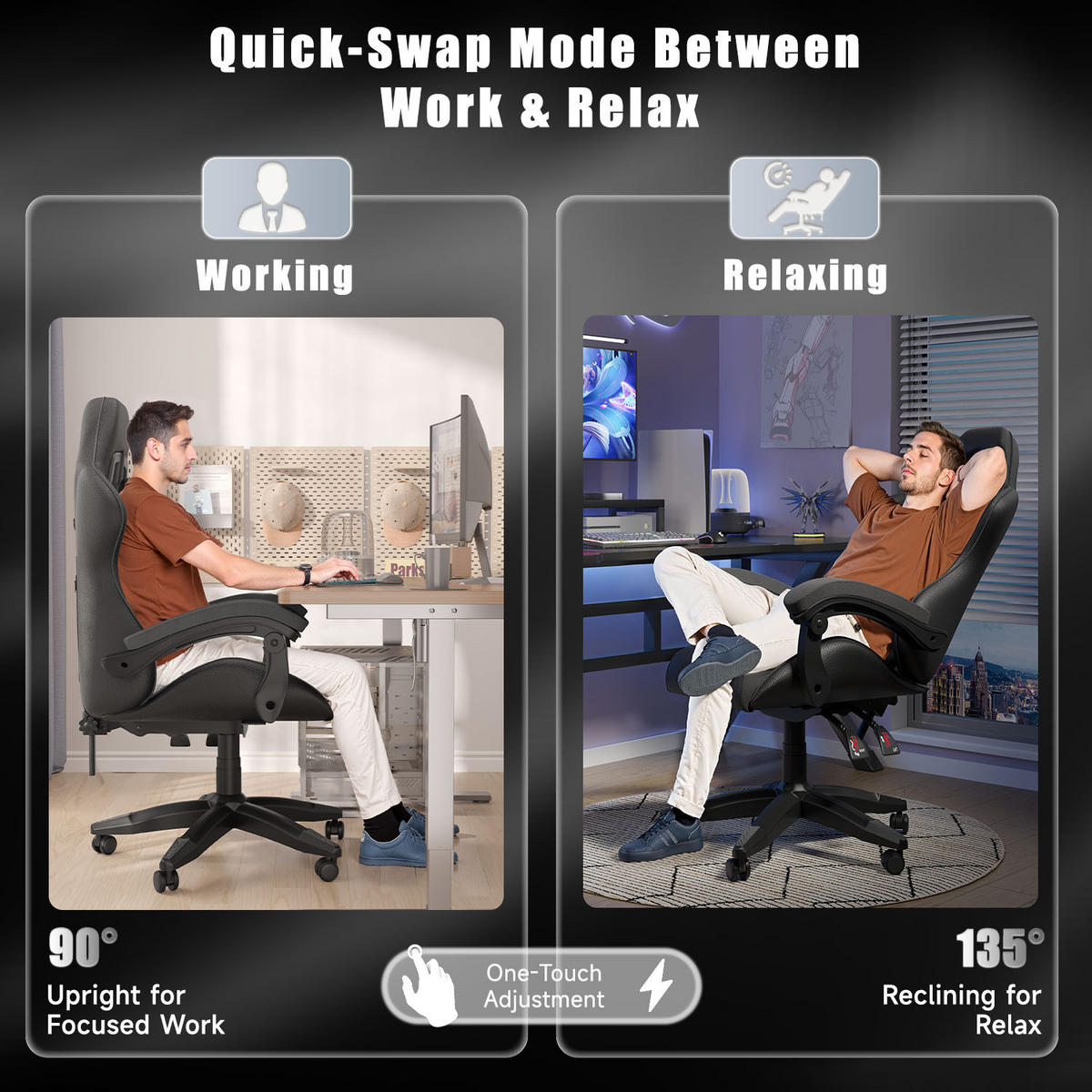GAMING-STUHL ergonomisch, verstellbare Rückenlehne, Kissen – Schwarz - Schwarz, Leder (59/120/56cm) - Rattantree