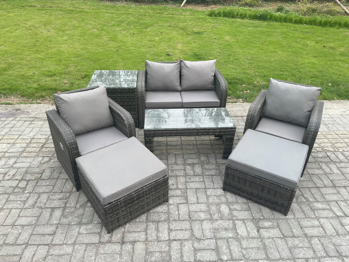 GARTENSOFA SET mit COUCHTISCH Polyrattan 5-Sitzer - Dunkelgrau/Grau, Glas/Kunststoff - Fimous