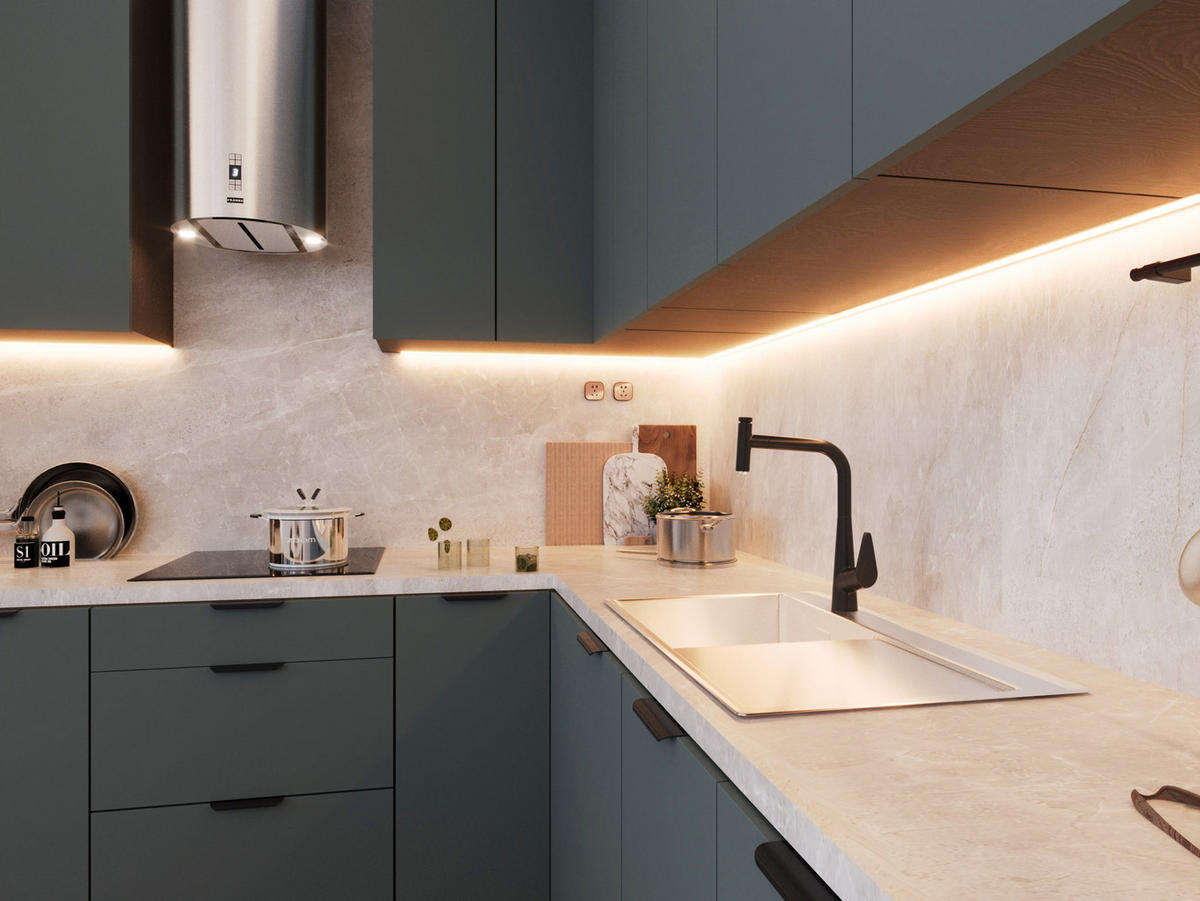 WINKELKÜCHE - 310 x 290 cm Livaro – KU-S34 – Grün / Dunkle Eiche - Dunkelbraun/Grün, Holzwerkstoff (310/247/290cm) - hi-markt