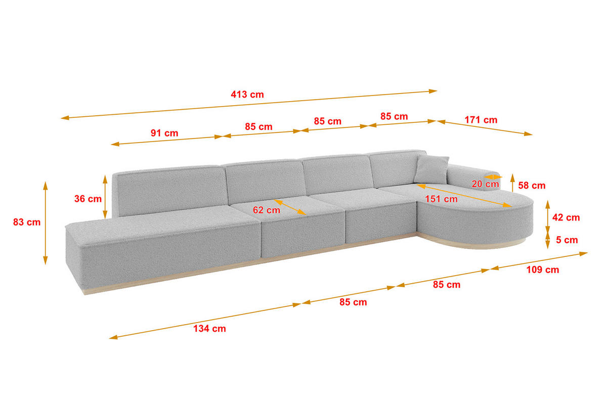 ECKSOFA Ottomane Rechts ARRIO-L3 - 413x171x83 cm Hellgrau - Hellgrau, Holzwerkstoff/Textil (413/171cm) - ALTDECOR