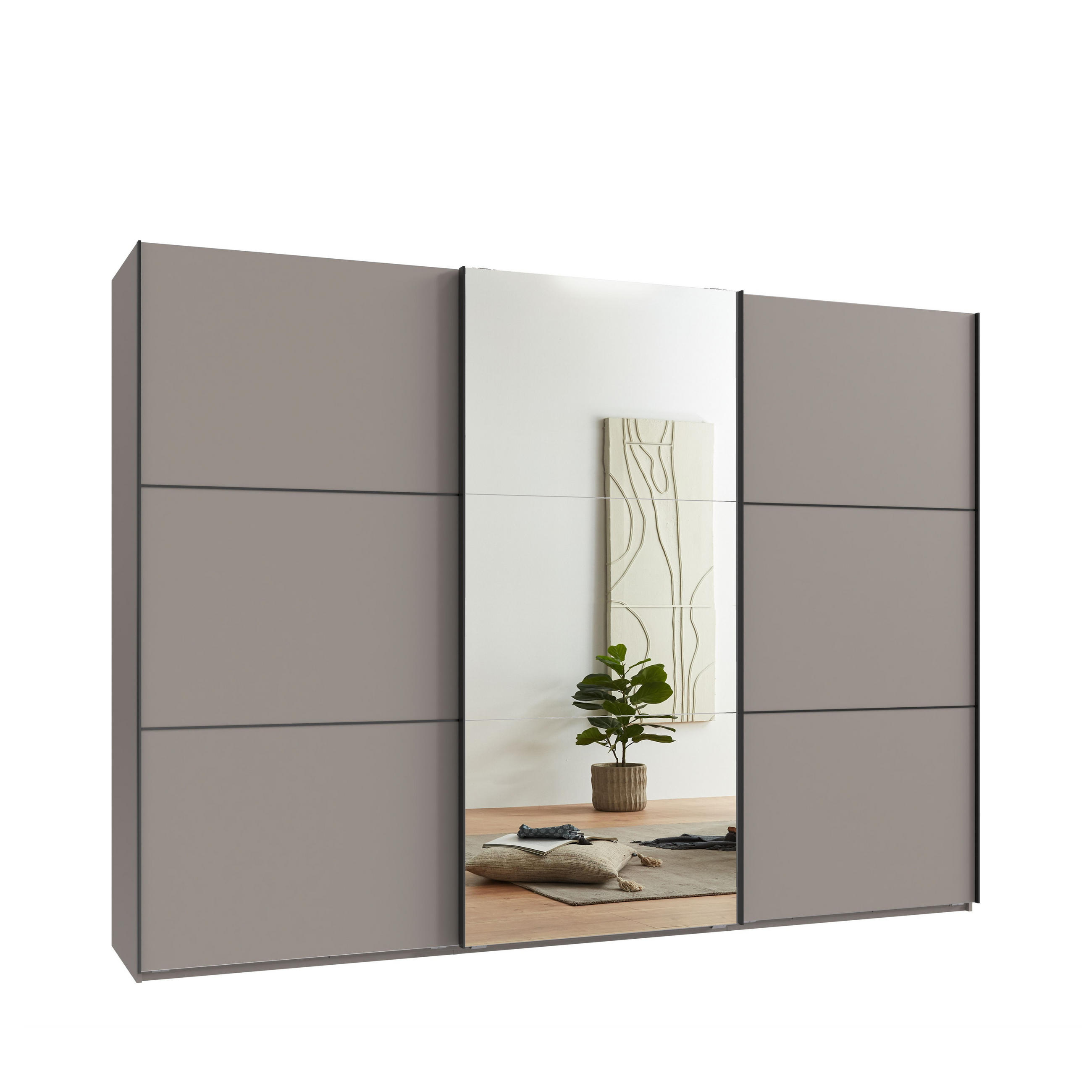 SKŘÍŇ S POSUVNÝMI DVEŘMI, 3dveřová, 300 × 216 × 65 cm (Š×V×H), v pískově šedé barvě, s jedněmi zrcadlovými dveřmi, včetně kompletního vybavení / 22020 - písková barva/červená, kov/kompozitní dřevo (300/216/65cm) - luma-home