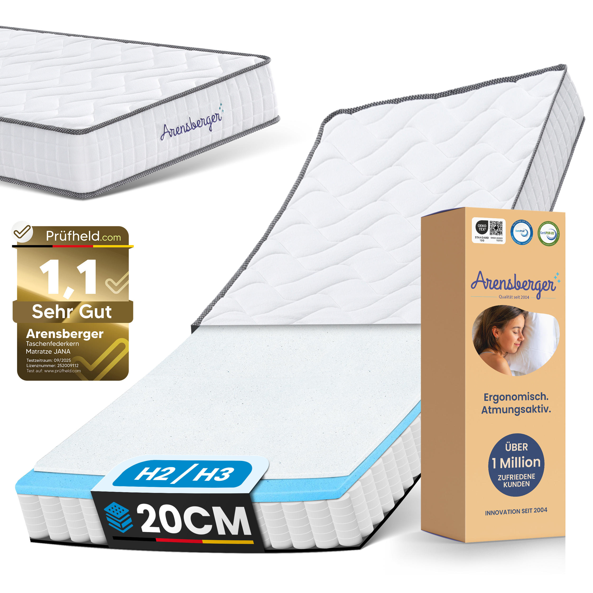 TASCHENFEDERKERN Matratze JANA, 90x200cm - Weiß, Textil (90/200cm) - Arensberger