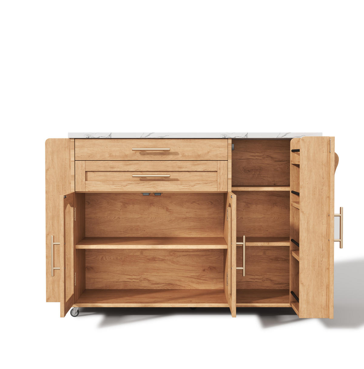 KÜCHENINSEL 138/70/90 cm mit klappbarer Arbeitsplatte, Glastüren und 5 Rollen aus MDF, Natur - Naturfarben, Holzwerkstoff (138/90/70cm) - Redom