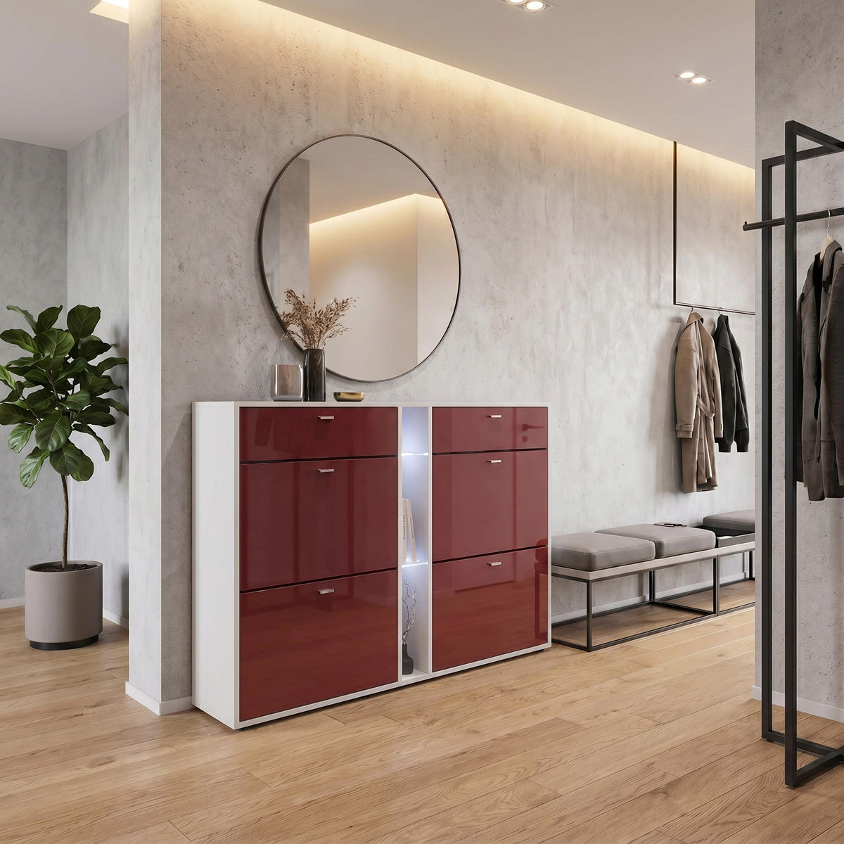 SCHUHSCHRANK Today Fronten in Bordeaux Hochglanz - Bordeaux, Holzwerkstoff (155.5/95/28cm) - Vladon