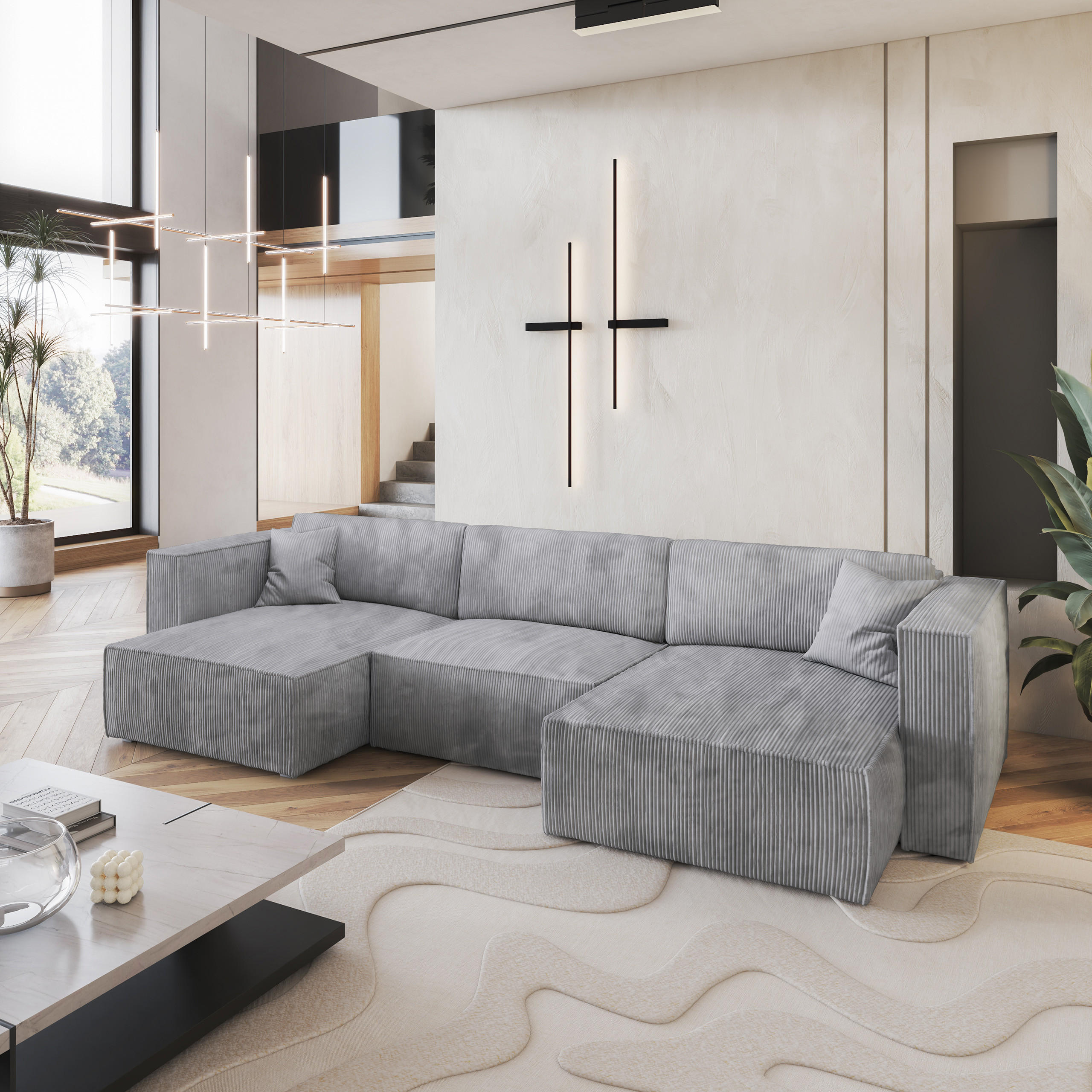WOHNLANDSCHAFT SARMO P Hellgrau Kordstoff mit Schlaffunktion - Hellgrau, Holz (347/70/148cm) - MASSENO