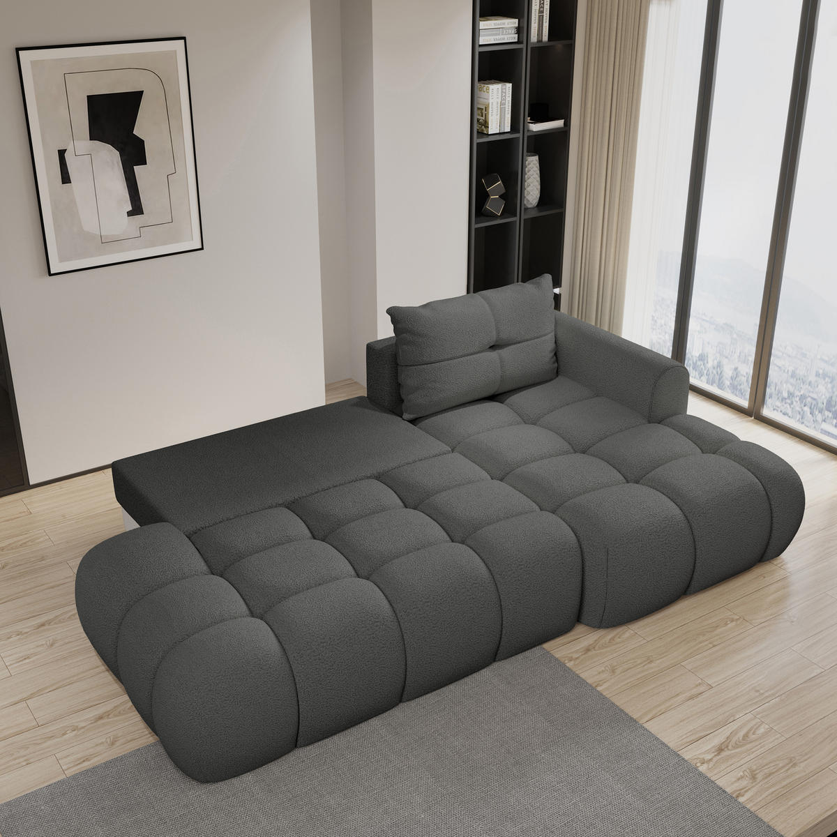 ECKSOFA FLUMA R-S Grau Boucle-Stoff mit Schlaffunktion - Grau, Holz (274/165cm) - MASSENO