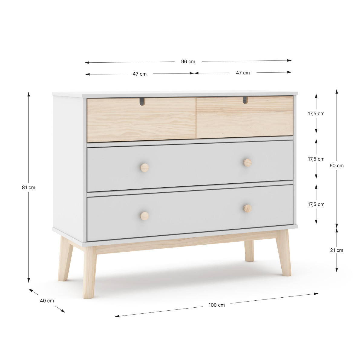 KOMMODE mit 2 kleinen Schubladen und 2 großen Schubladen, L100 cm 40/100/81 cm - Weiß, Holz (40/81/100cm) - Calicosy