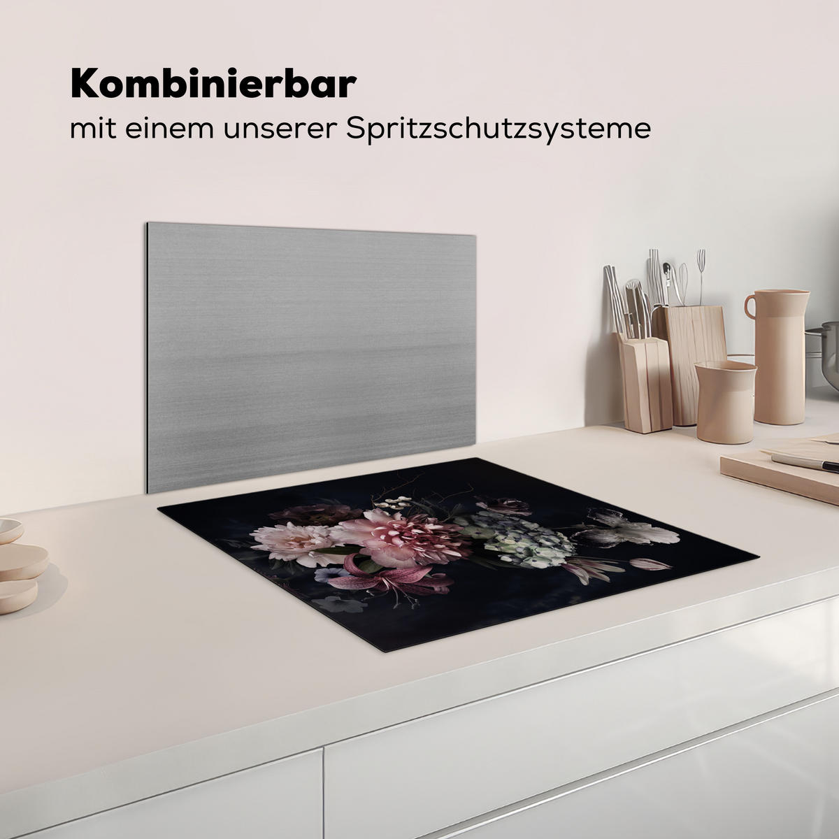 KRYT NA INDUKČNÍ DESKU Květiny - Vintage - pastelové - růžové - bílé 59x51 cm - starorůžová, plast (59/51/0.2cm) - MuchoWow