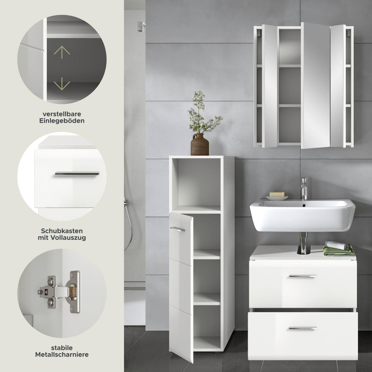 BADKOMBINATION Ice 105x185x30 cm weiß Hochglanz MDF 3tlg. - Weiß, Holz (105/185/30cm)