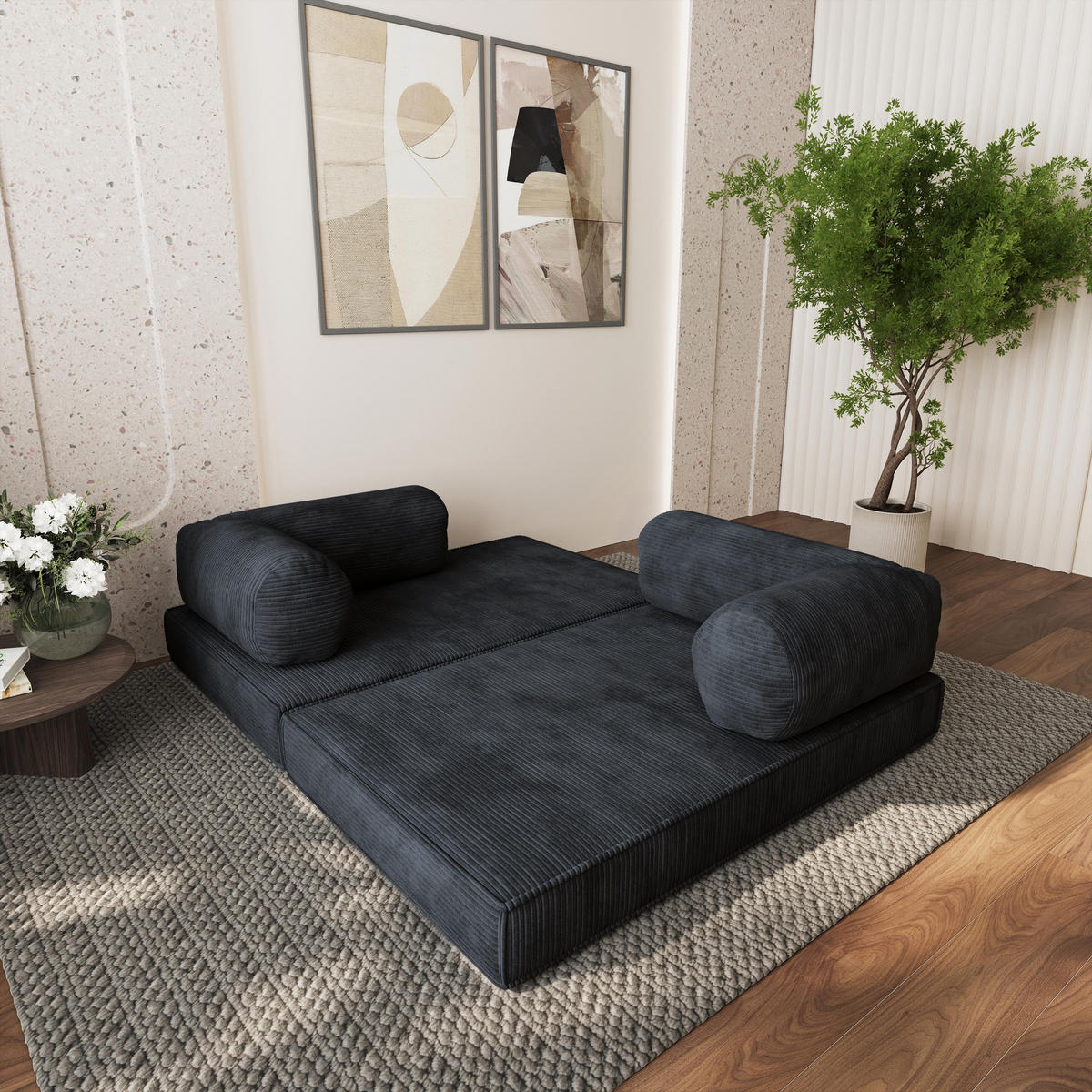 ECKSOFA ETERA modulares Boneless Sofa mit Schlaffunktion Schwarz Cordstoff - Schwarz, Textil (270/160cm) - MASSENO