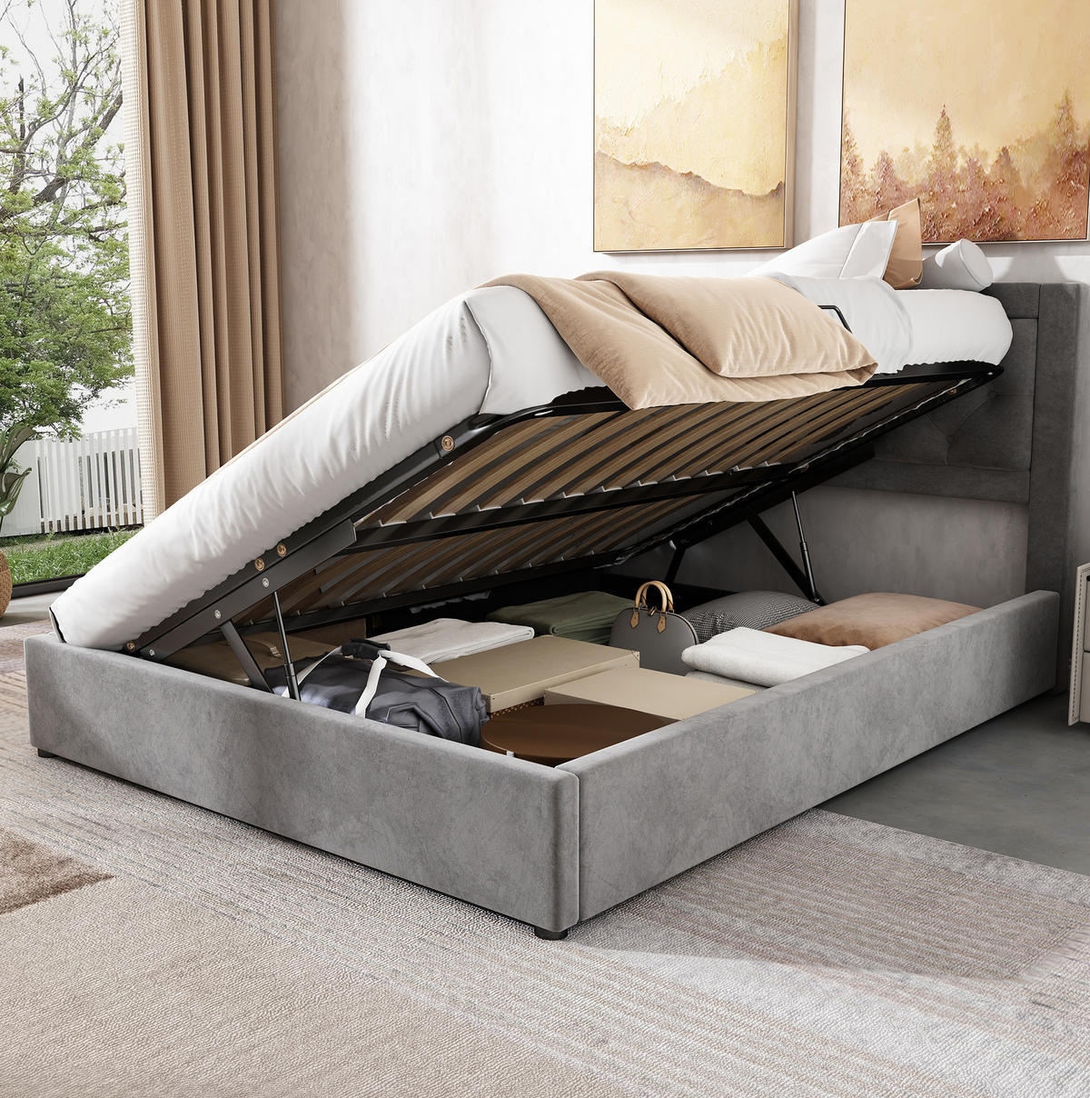SAMT-POLSTERBETT 140/200 cm mit Bettkasten und gepolstertem Kopfteil in Grau - Grau, Metall (140/200cm) - BEAOK