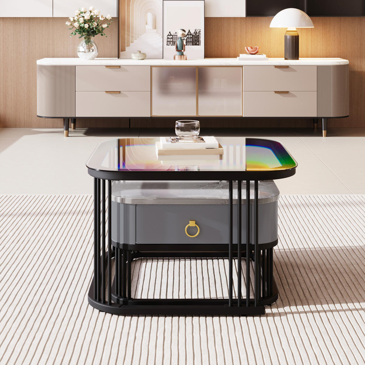 COUCHTISCH Set mit Schubladen 2er Set stapelbar mit Glasplatte Marmoroptik - Schwarz/Grau, Holzwerkstoff (60/60/42cm) - EVRYAE