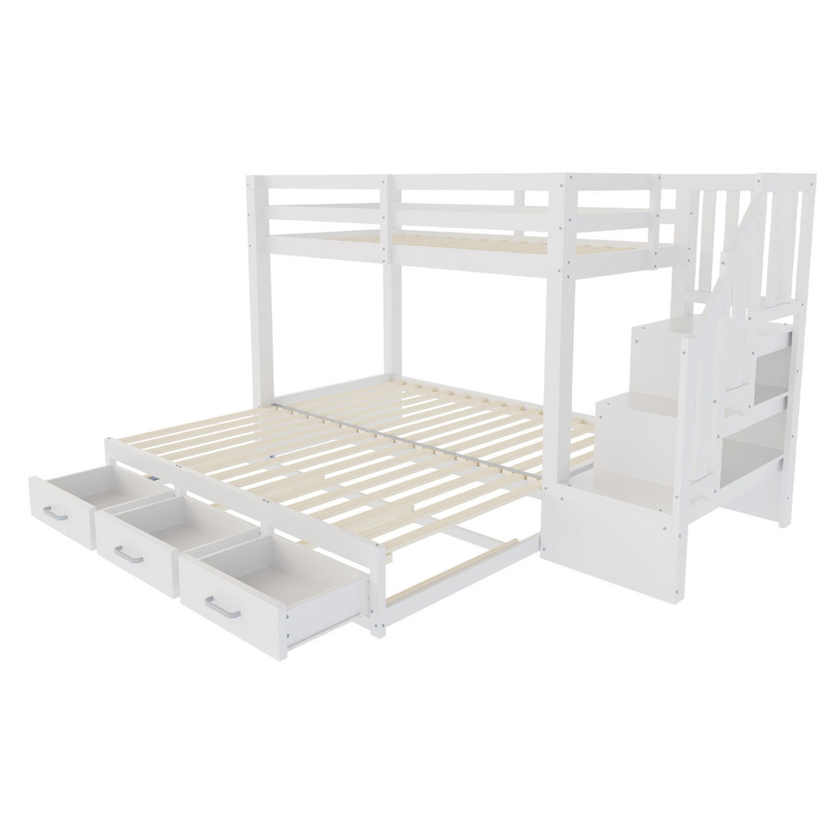 ETAGENBETT 90/200 cm mit Ausziehbett, Stauraumleiter und 3 Schubladen, Weiß/Grau - Weiß, Holzwerkstoff (90/200cm) - Redom