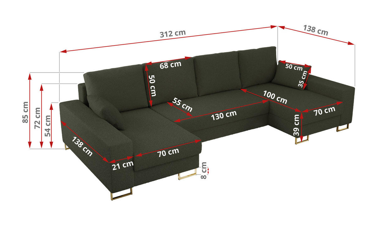 WOHNLANDSCHAFT DORIAN U Bouclé Grün - Goldfarben/Grün, Textil/Metall (312/85/138cm) - MKS