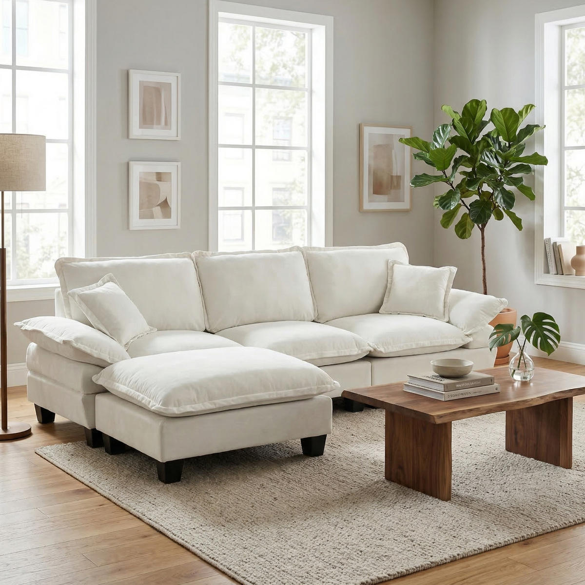 ECKSOFA aus Chenille 264x155x90 cm in Beige mit Ottomane & 2 Kissen - Beige, Textil (155/90/264cm) - Modfu