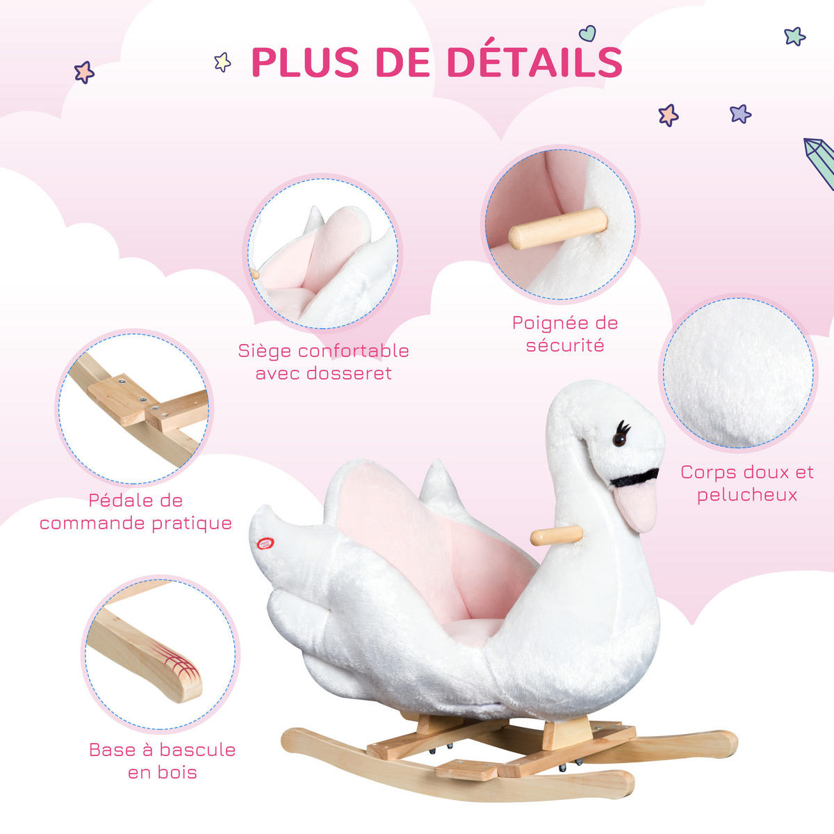 SCHAUKELPFERD DE-18240 Schwan, mit Musikfunktion Weiß & Rosa - Weiß, Textil (40/57/60cm) - ComfortXL