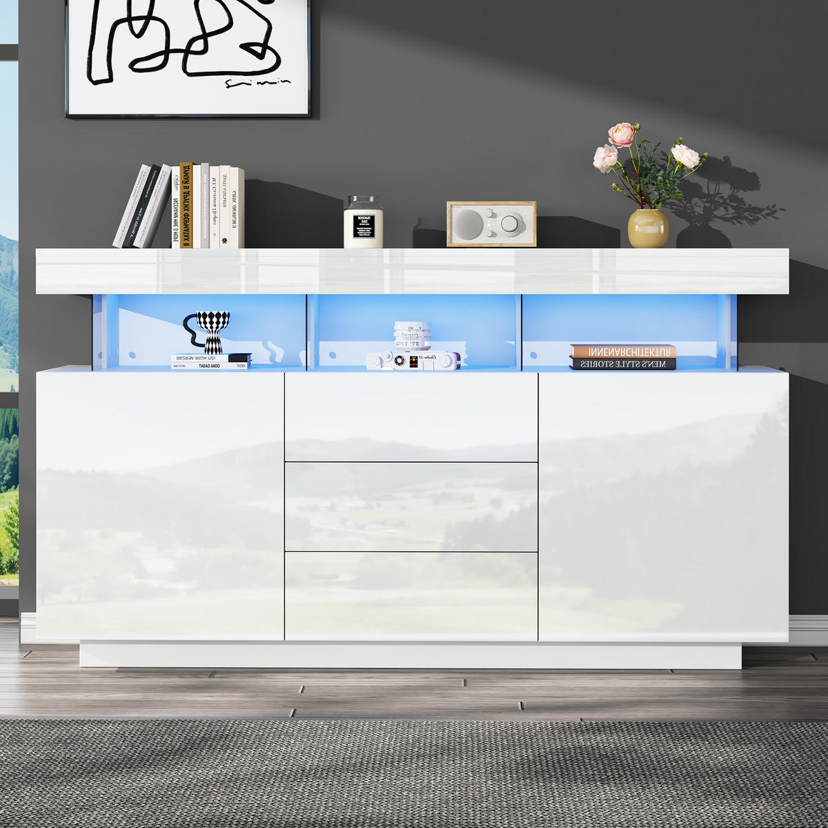 SIDEBOARD LED Weiß 16 Farben Hochglanz Acryl 140x35x80cm - Weiß, Holzwerkstoff (35/80/140cm) - FLIEKS