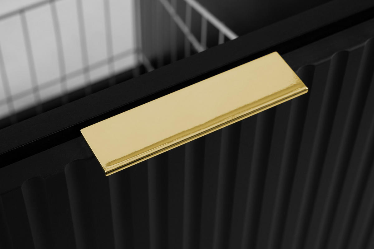 BADEZIMMERSCHRANK MIT WÄSCHEKORB: schwarz, 40 x 57 x 46 cm, goldene Griffe - Schwarz, Holzwerkstoff (40/57/46cm) - 3XE LIVING