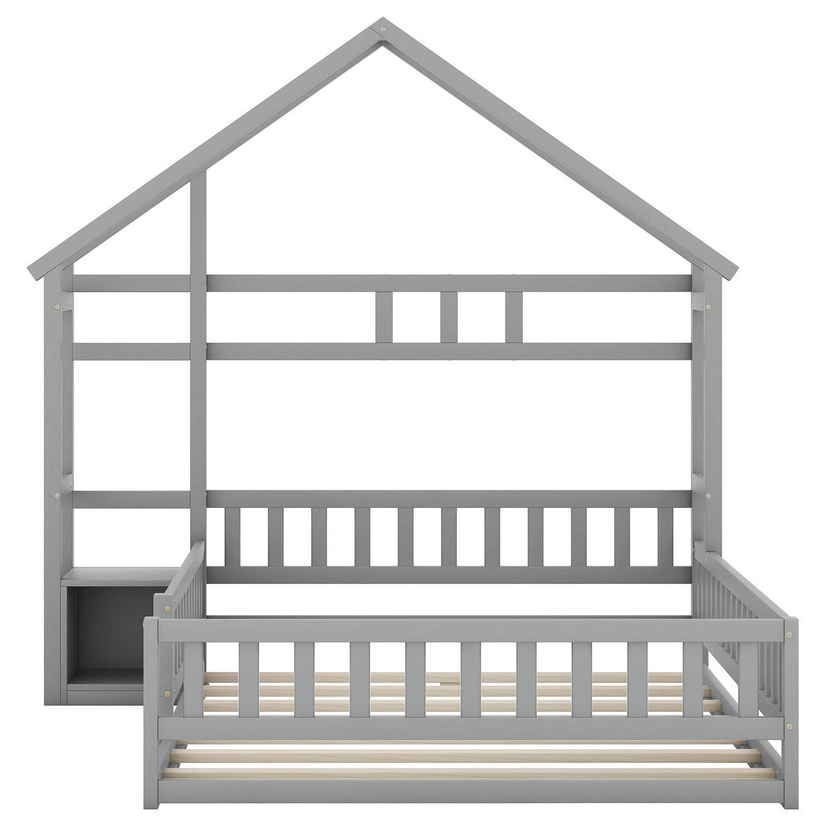HAUSBETT aus Kiefer und MDF 140x200 cm Grau mit Hausform, Geländer und Nachttisch - Grau, Holzwerkstoff (140/200cm) - Modfu