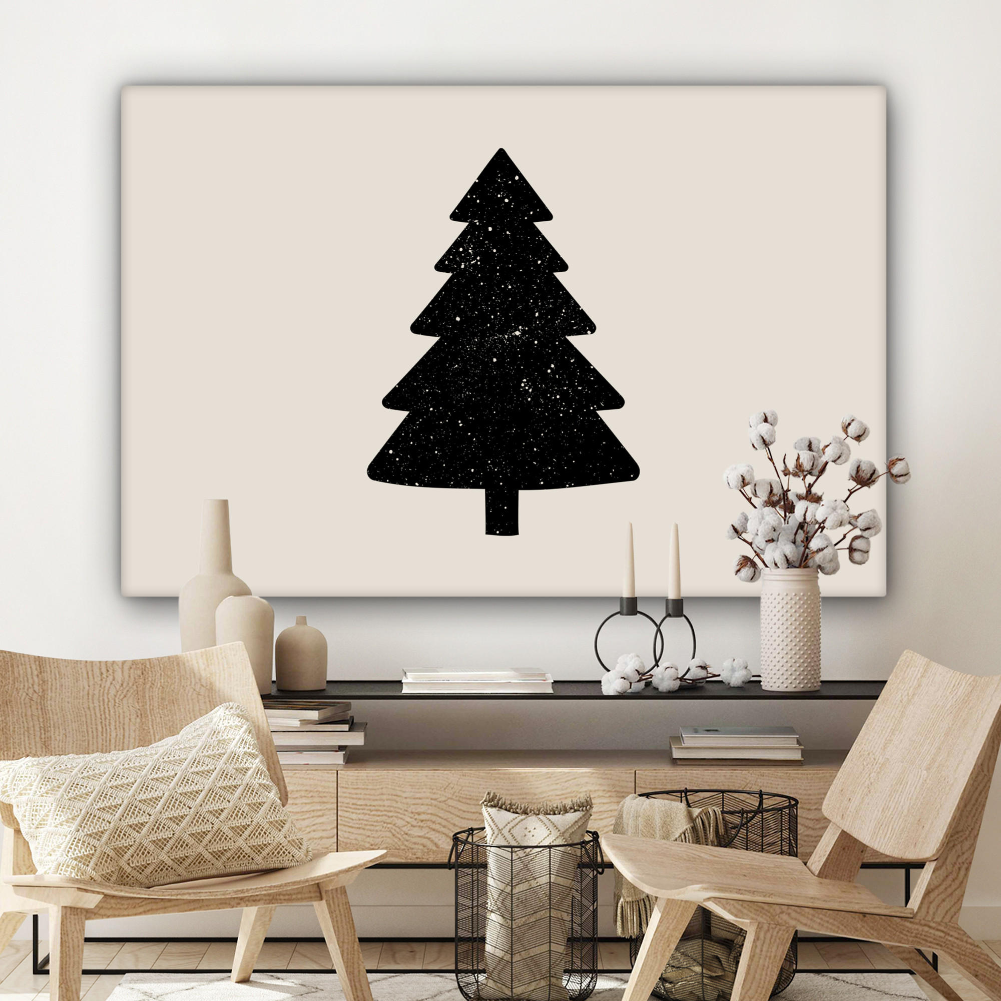 LEINWANDBILD Weihnachtsbaum - Schwarz - Urlaub - Beige Groß 140x90 cm - Schwarz, Textil (140/90cm) - MuchoWow