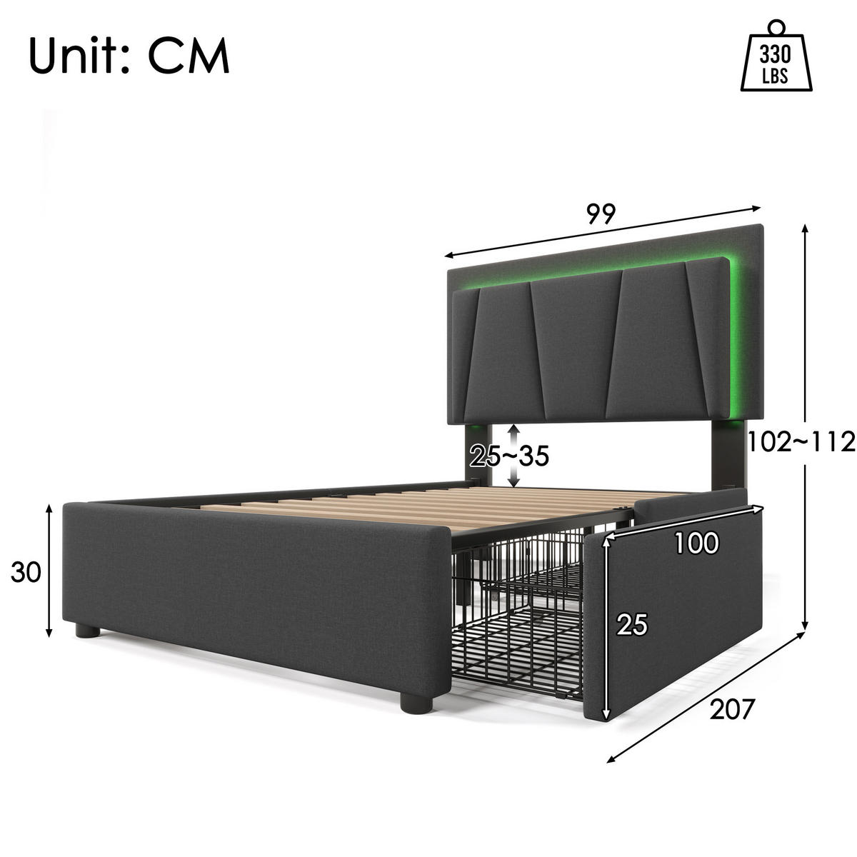 POLSTERBETT 90/200 cm mit LED-Beleuchtung, 2 Schubladen & verstellbarem Kopfteil, Grau - Grau, Holz (90/200cm) - Redom