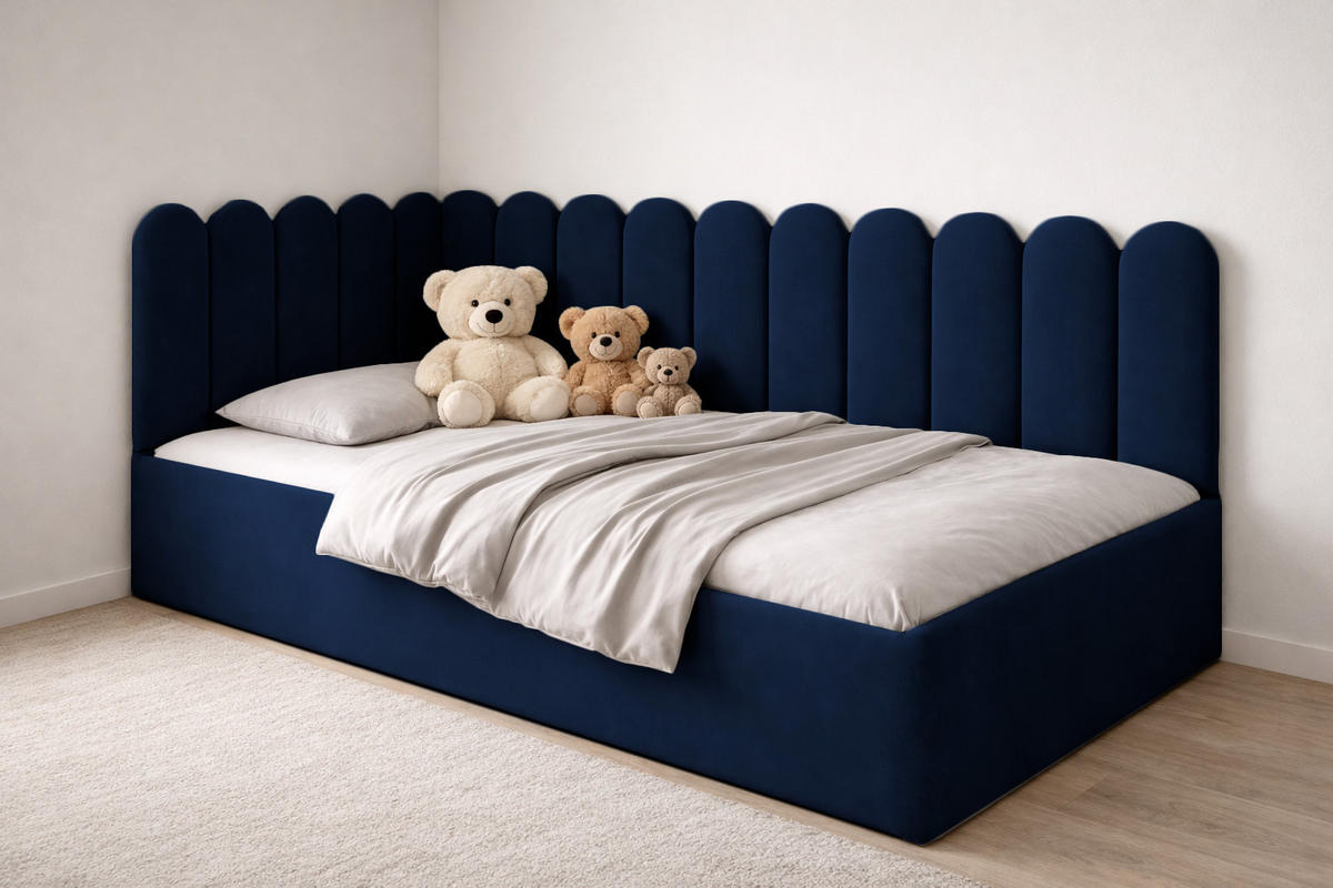 JUGENDBETT Junior Dunkelblau Samtvelours mit Wandpaneelen - 90x200 cm - Bettkasten - Dunkelblau, Holzwerkstoff/Textil (90/200cm) - Ravio