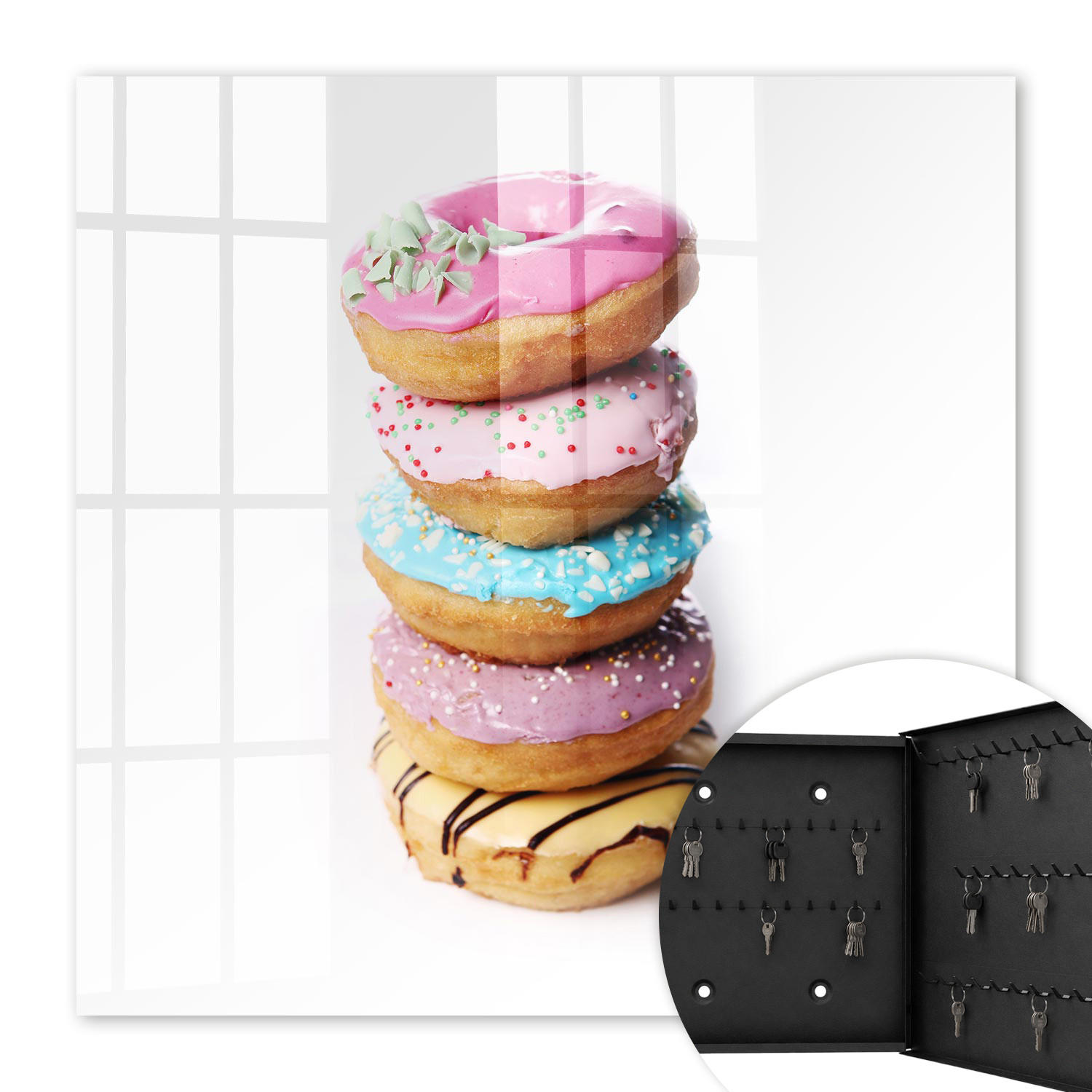 SCHLÜSSELBOX Schwarz 30x30 cm- Türöffnung nach rechts - Bunte Donuts - Pink, Metall (30/30/5cm) - TULUP