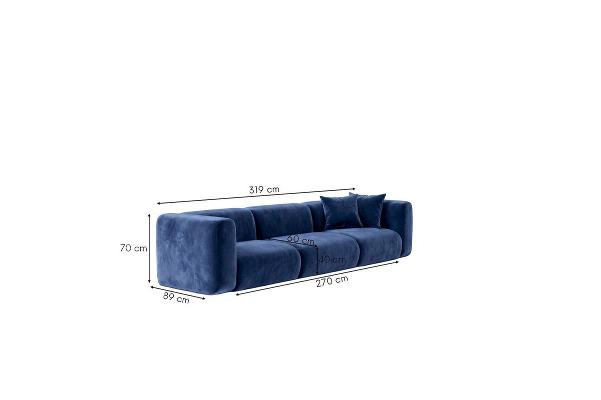 SOFA 3-Sitzer, Velvet-Stoff Bluvel, Tintenblau, GRETA - Blau, Holz (319/70/89cm) - Kaiser Möbel