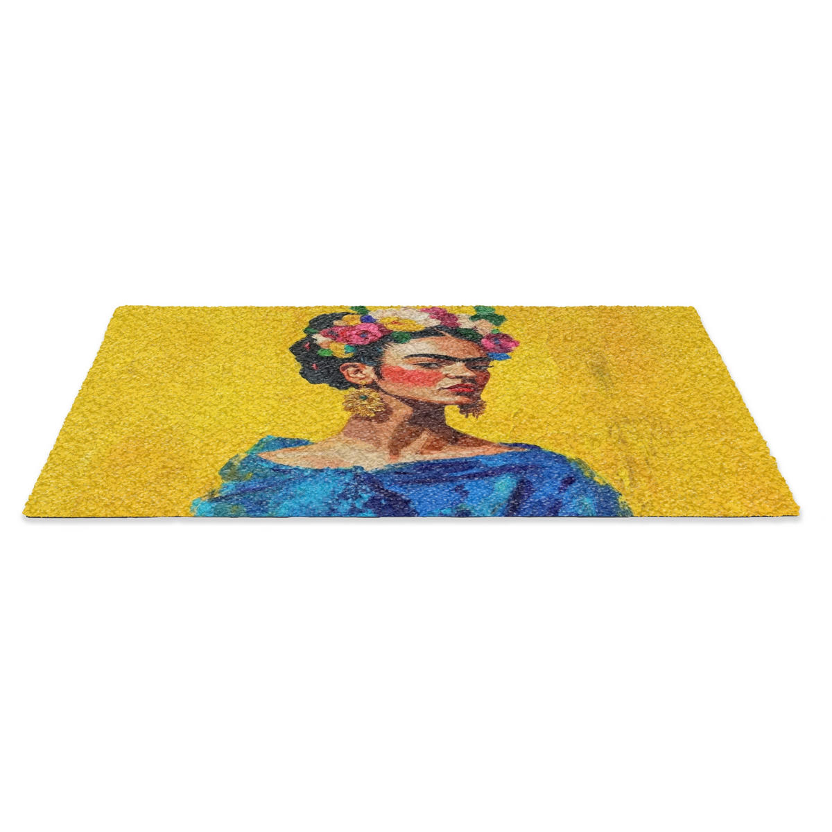 FUSSMATTE Frida Kahlo - Frau - Gelb - Blau - Blumen 90x60 cm - Gelb, Kunststoff (90/0.4cm) - MuchoWow