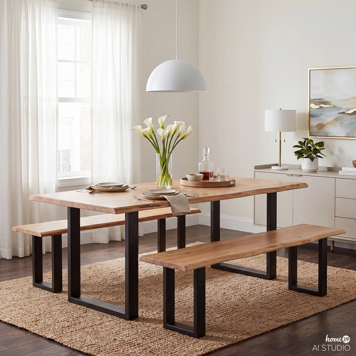 SITZBANK - Metall / Massivholz Akazie - Schwarz/Akaziefarben, Holz/Metall (140/45/45cm) - home24