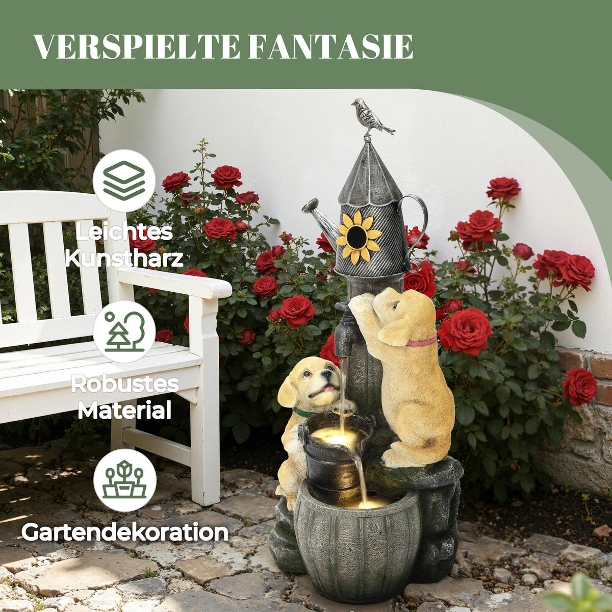 POLYRESIN-GARTENBRUNNEN,2 Hündchen+Vogelhaus,90x38x34cm,Garten/Balkon/Terrasse - Grau, Kunststoff (34/38/90cm)