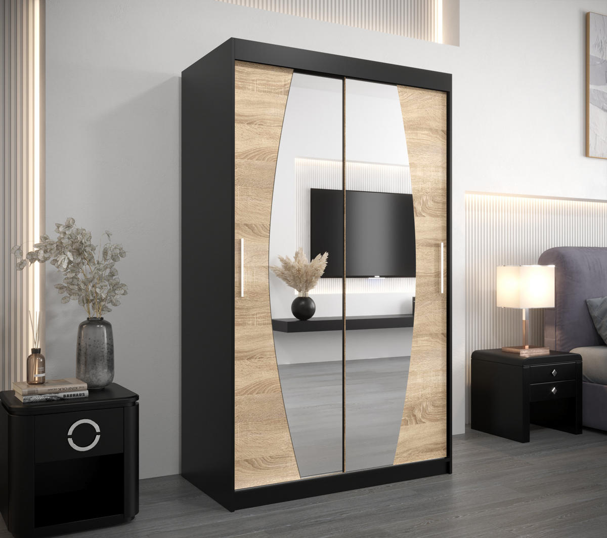 SCHWEBETÜRENSCHRANK 200/120/62 2-türig - Silberfarben/Schwarz, Holz/Kunststoff (120/200/62cm) - Abiks Möbel