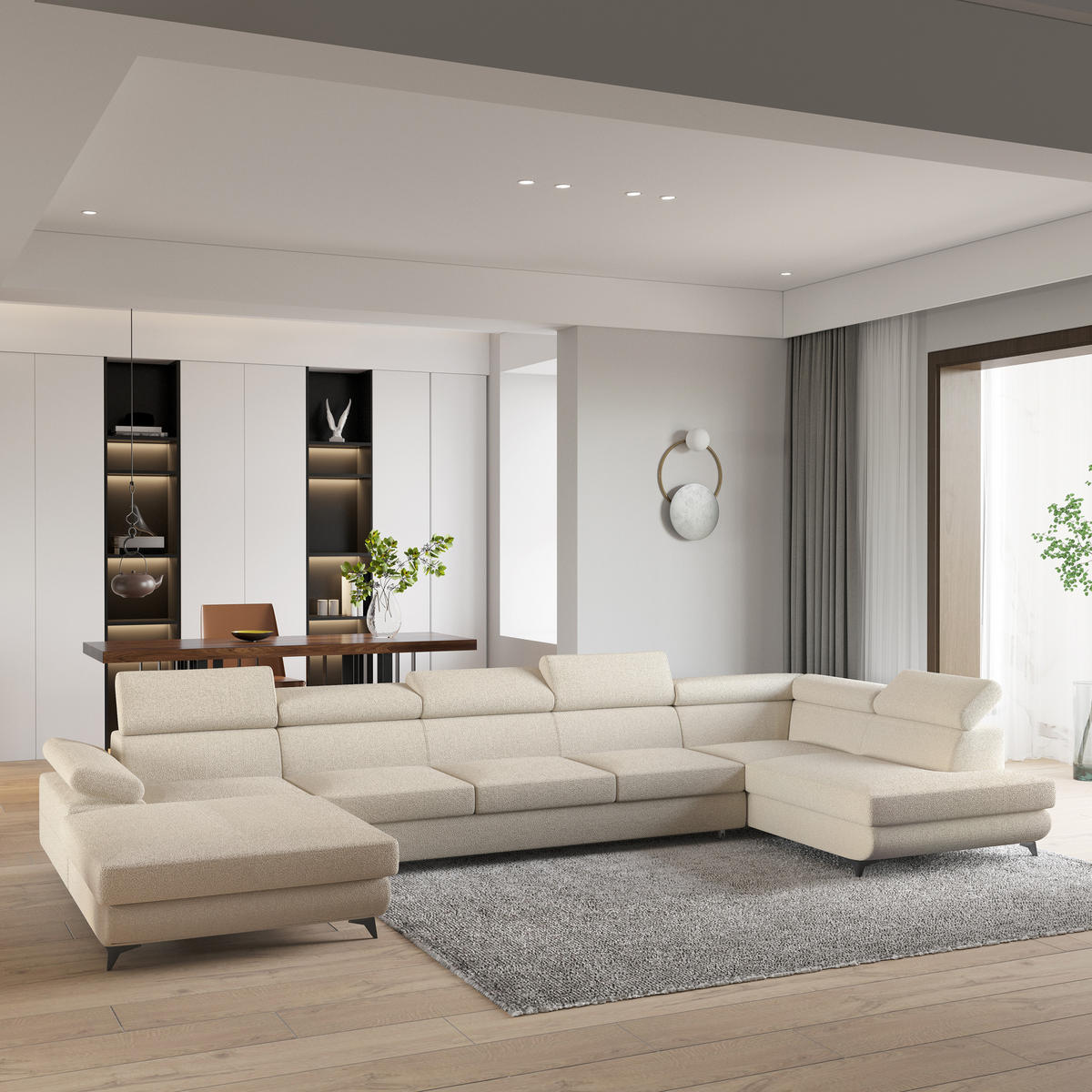 WOHNLANDSCHAFT MONTIVA Creme Boucle-Stoff mit Schlaffunktion - Creme, Holz (410/89/190cm) - MASSENO