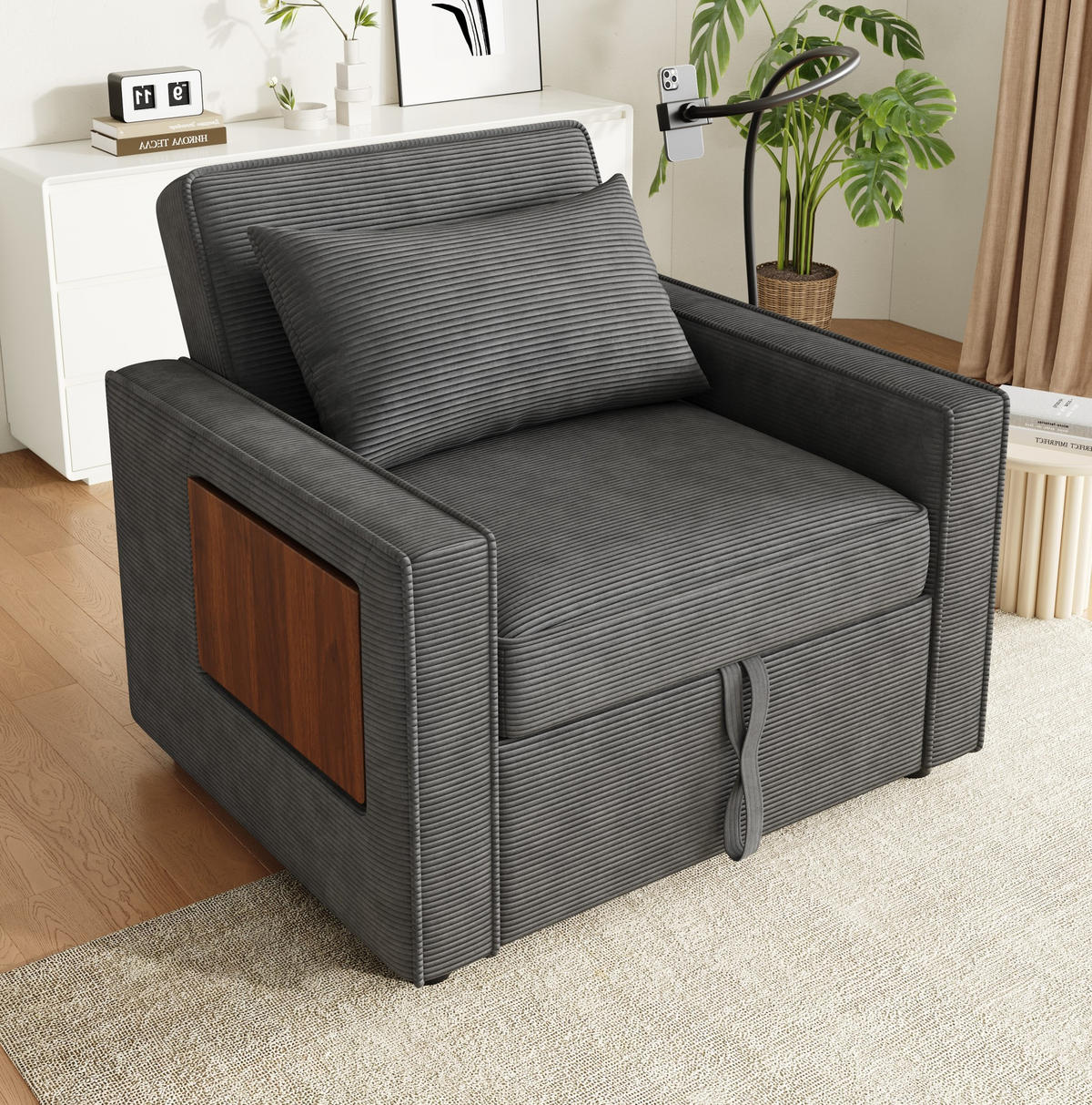 SCHLAFSOFA aus Cord 93x150x85 cm Grau mit USB-, Type-C-Anschluss, 360°-Handyhalter und Beistelltisch - Grau, Textil (150/85/93cm) - Modfu